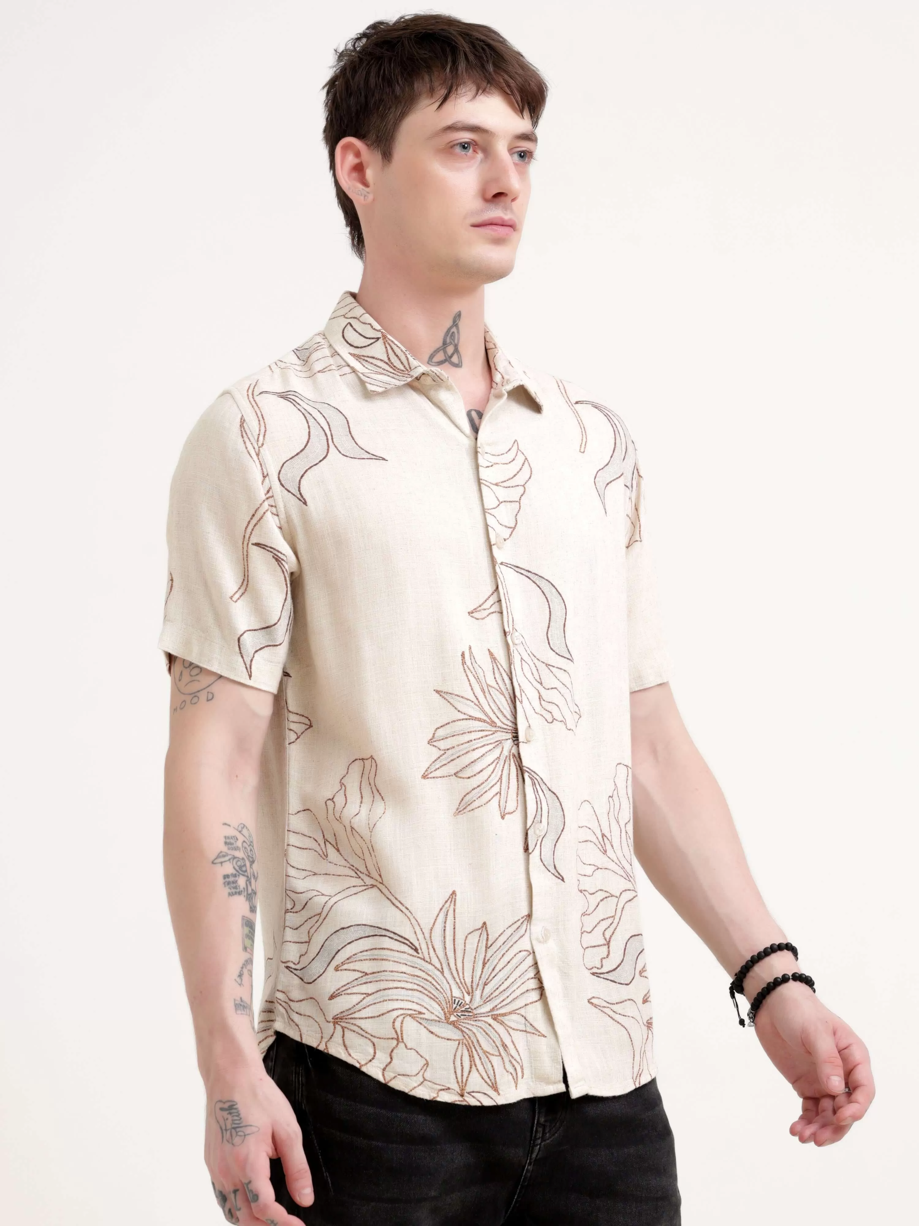 Floral printed beige half sleeve shirt