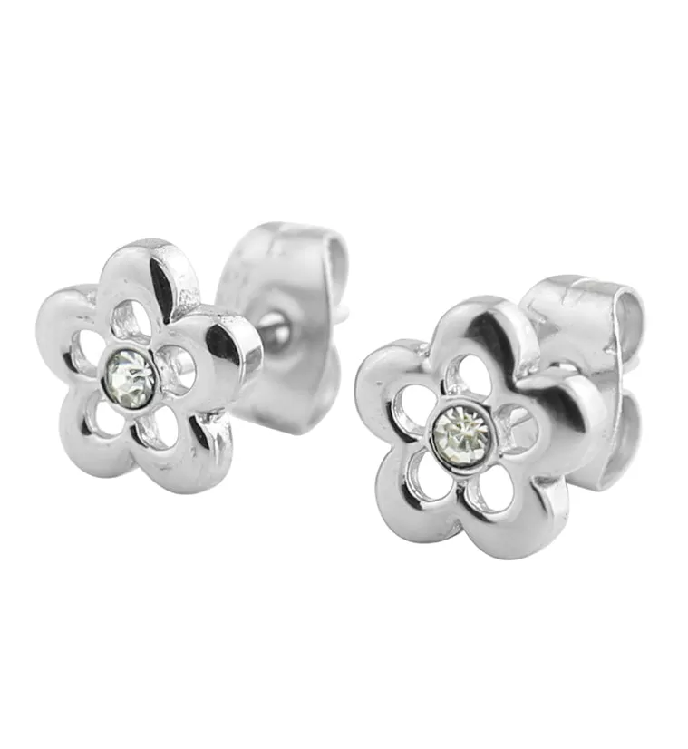 Flower Trace Clear CZ Stainless Steel Stud Earrings