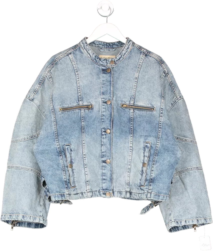 Free People Blue Dia Denim Biker Jacket UK L