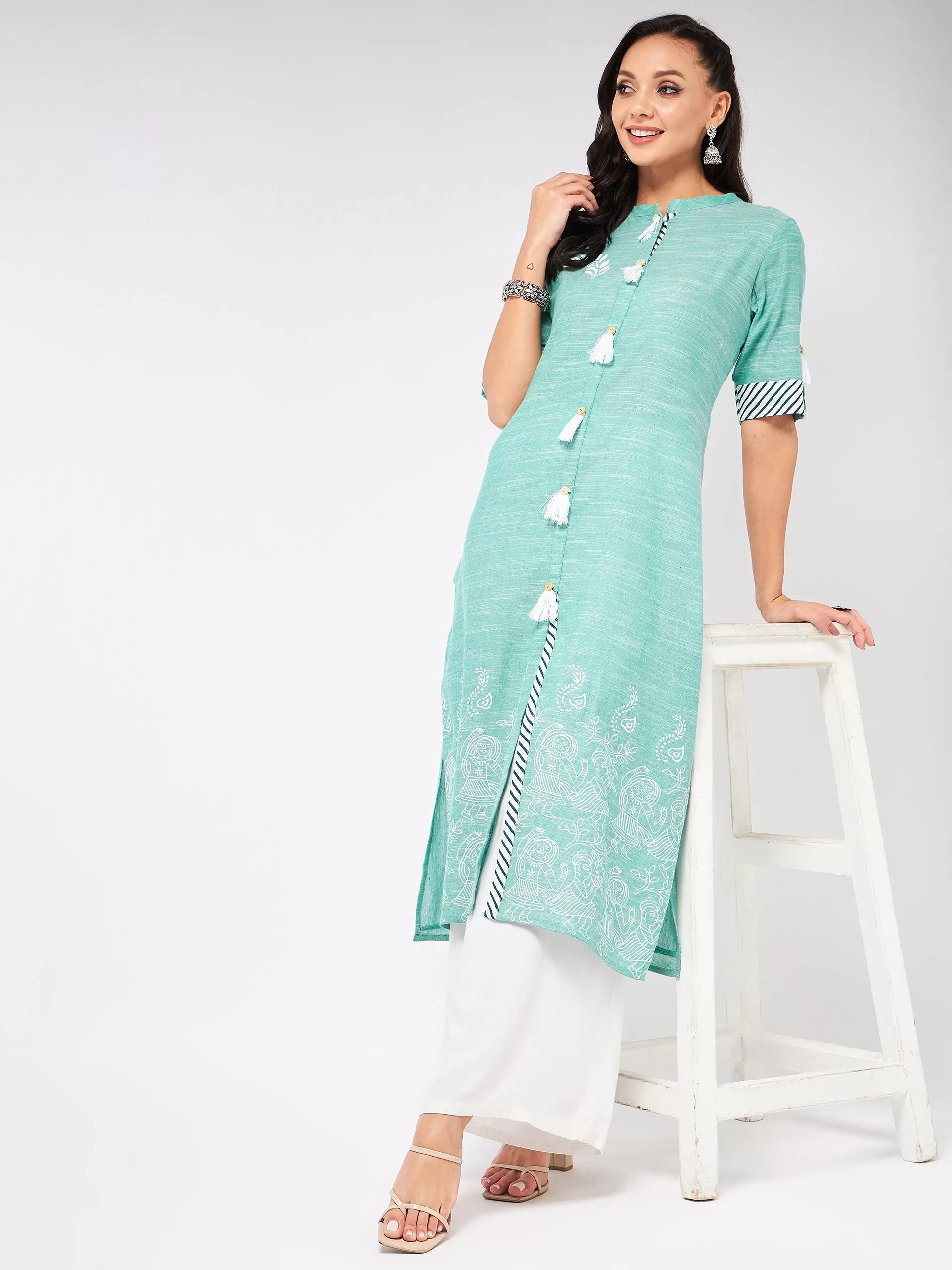 Front Tassel Printed Chambray Kurta