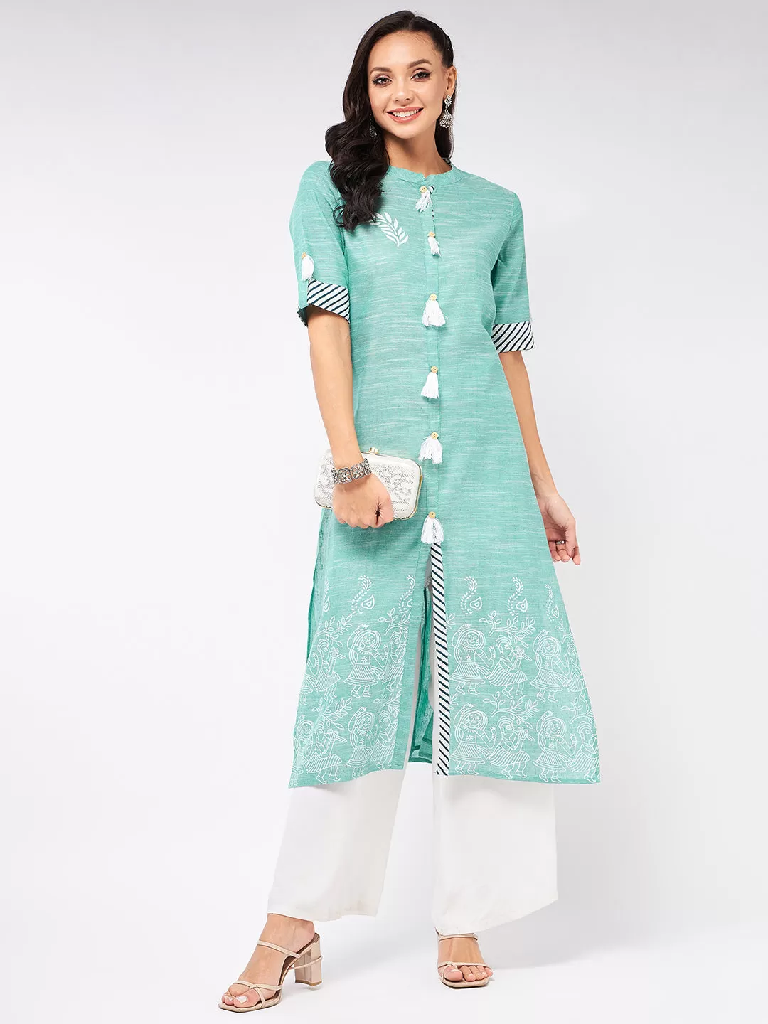 Front Tassel Printed Chambray Kurta