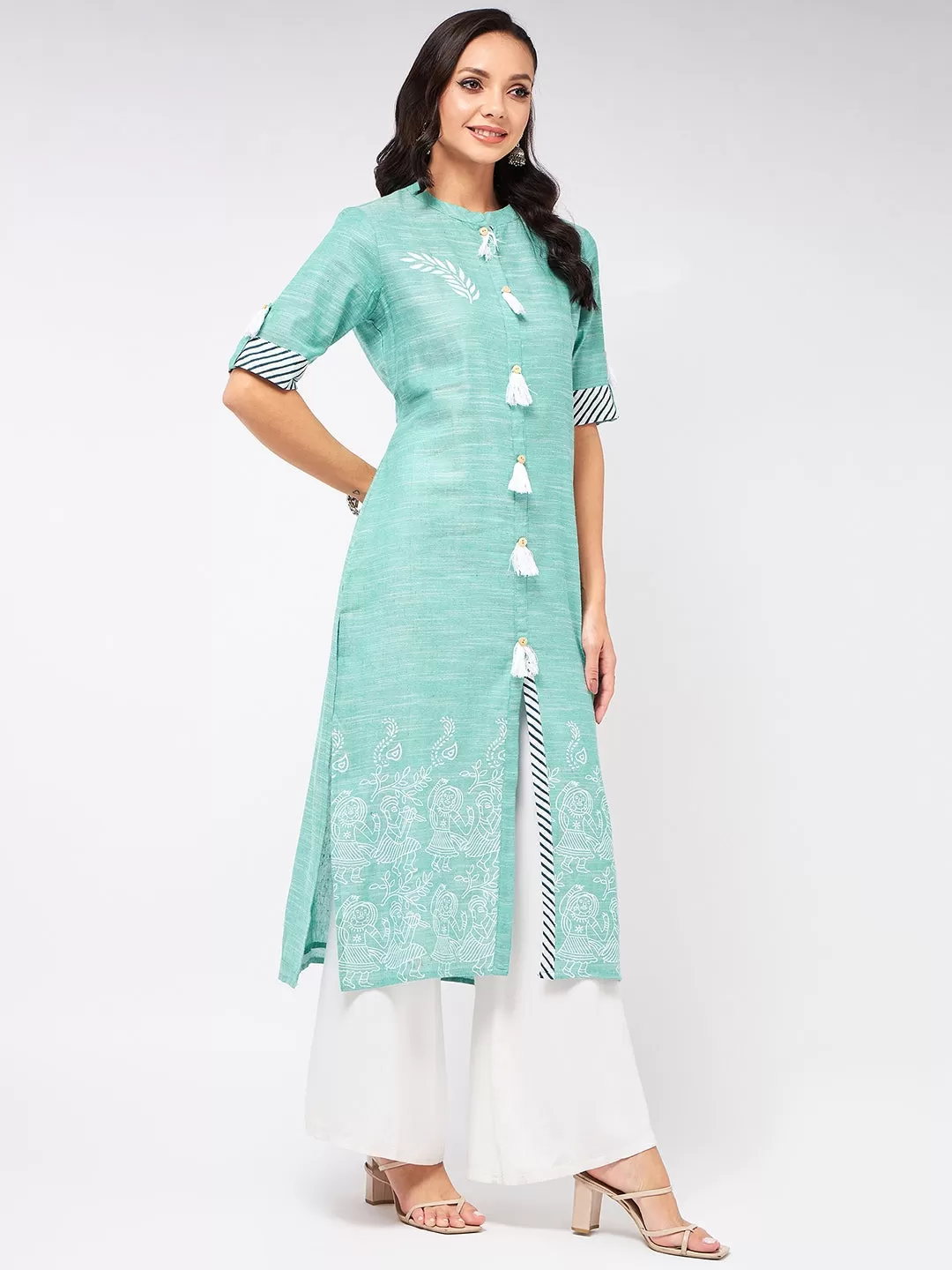 Front Tassel Printed Chambray Kurta