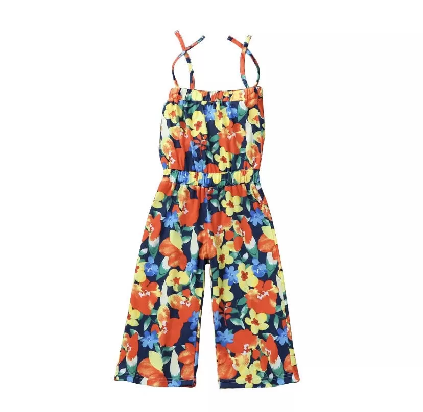 GIRLS FLOWER COLORED TIE STRAP JUMPSUIT