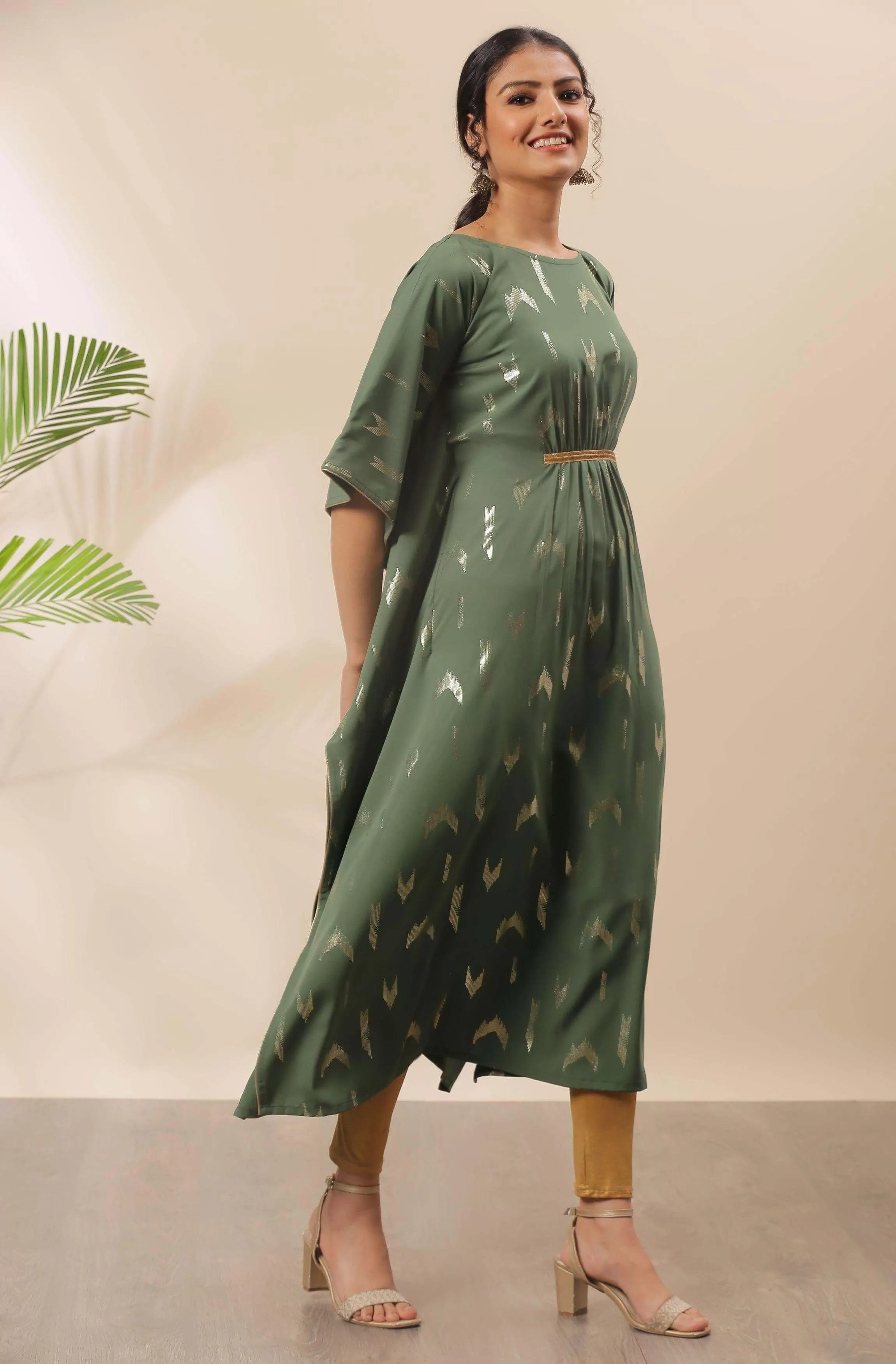 Green Poly Crepe Geometric Print Kaftan Kurta