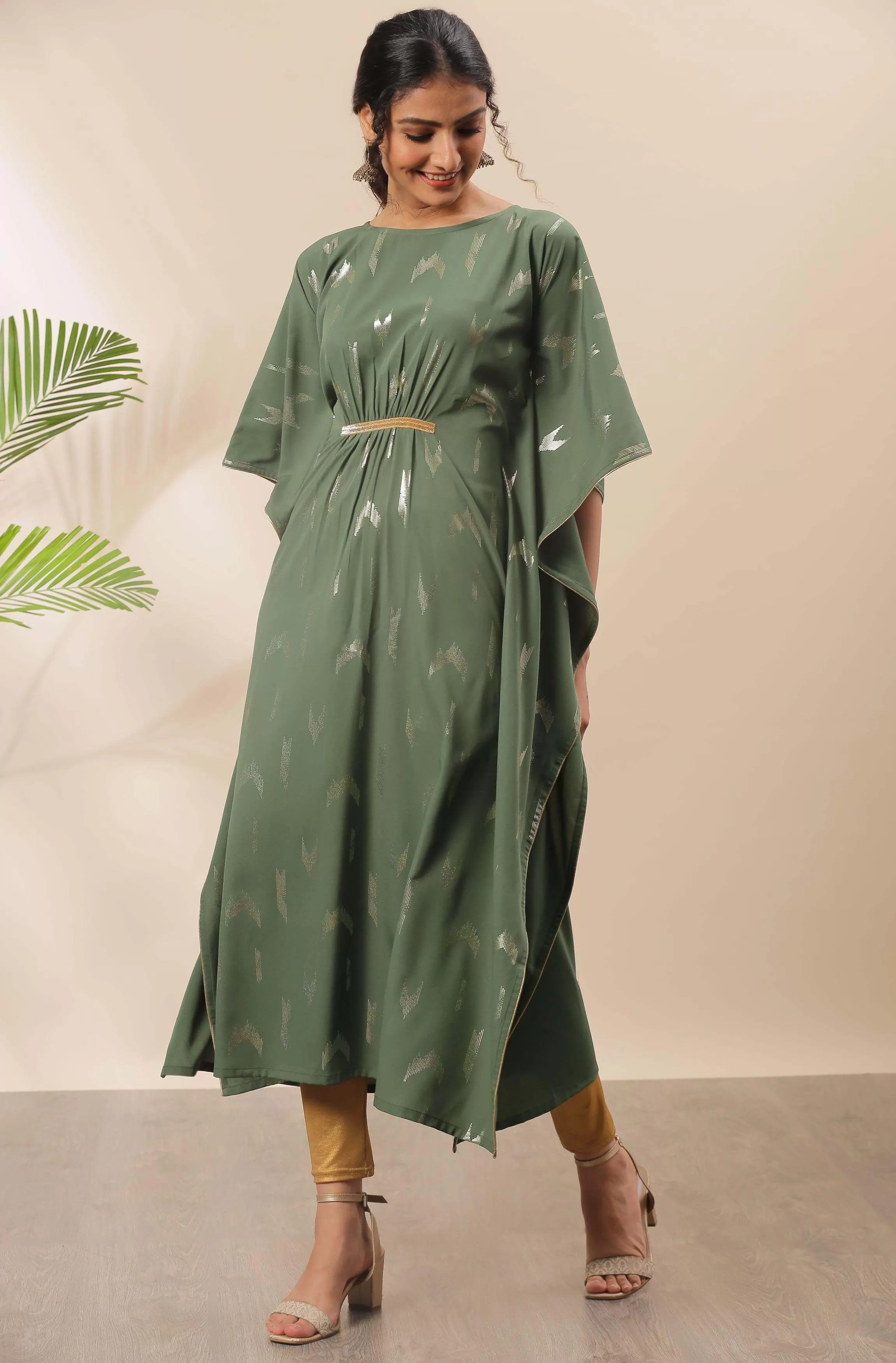 Green Poly Crepe Geometric Print Kaftan Kurta