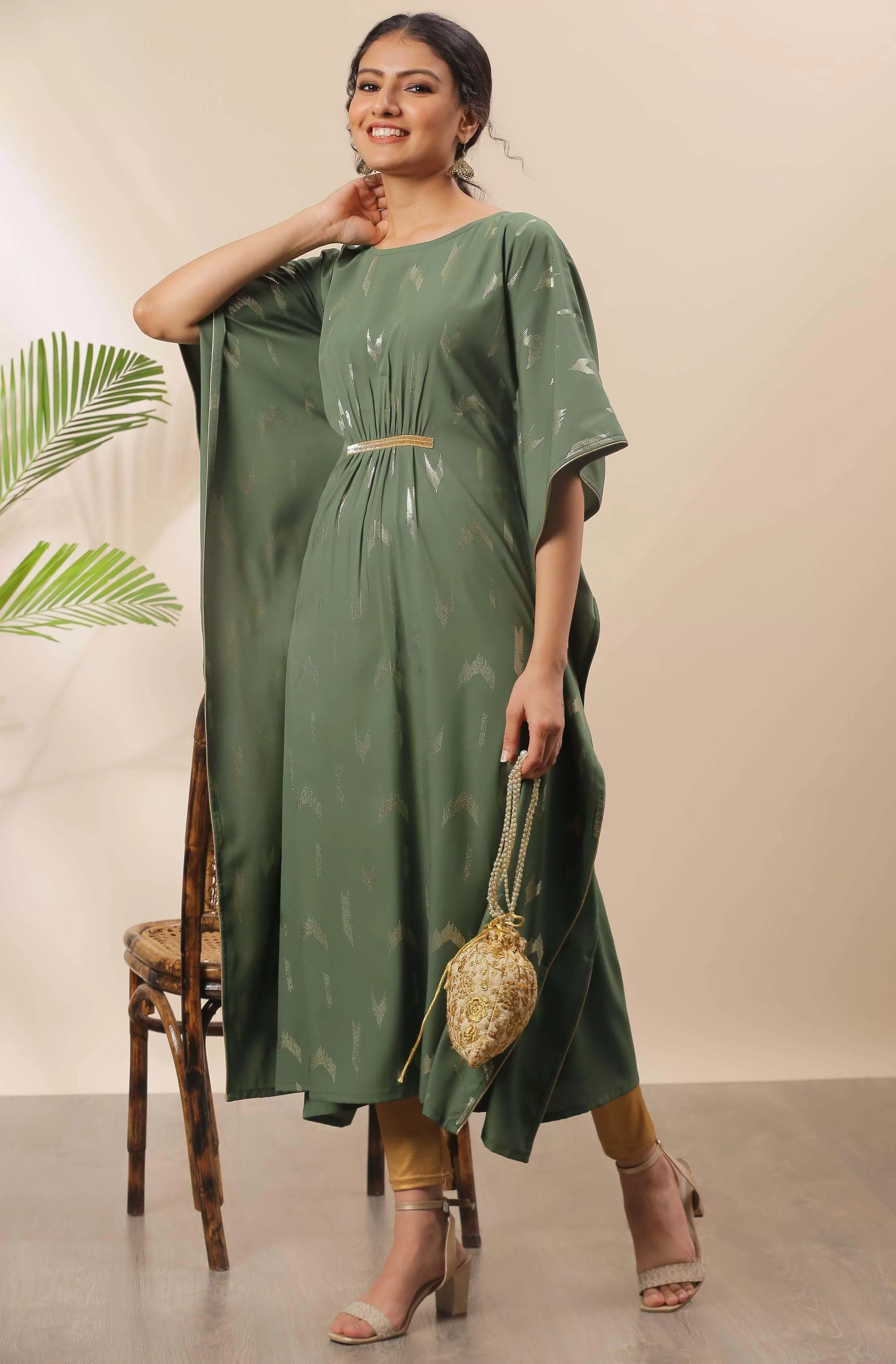 Green Poly Crepe Geometric Print Kaftan Kurta