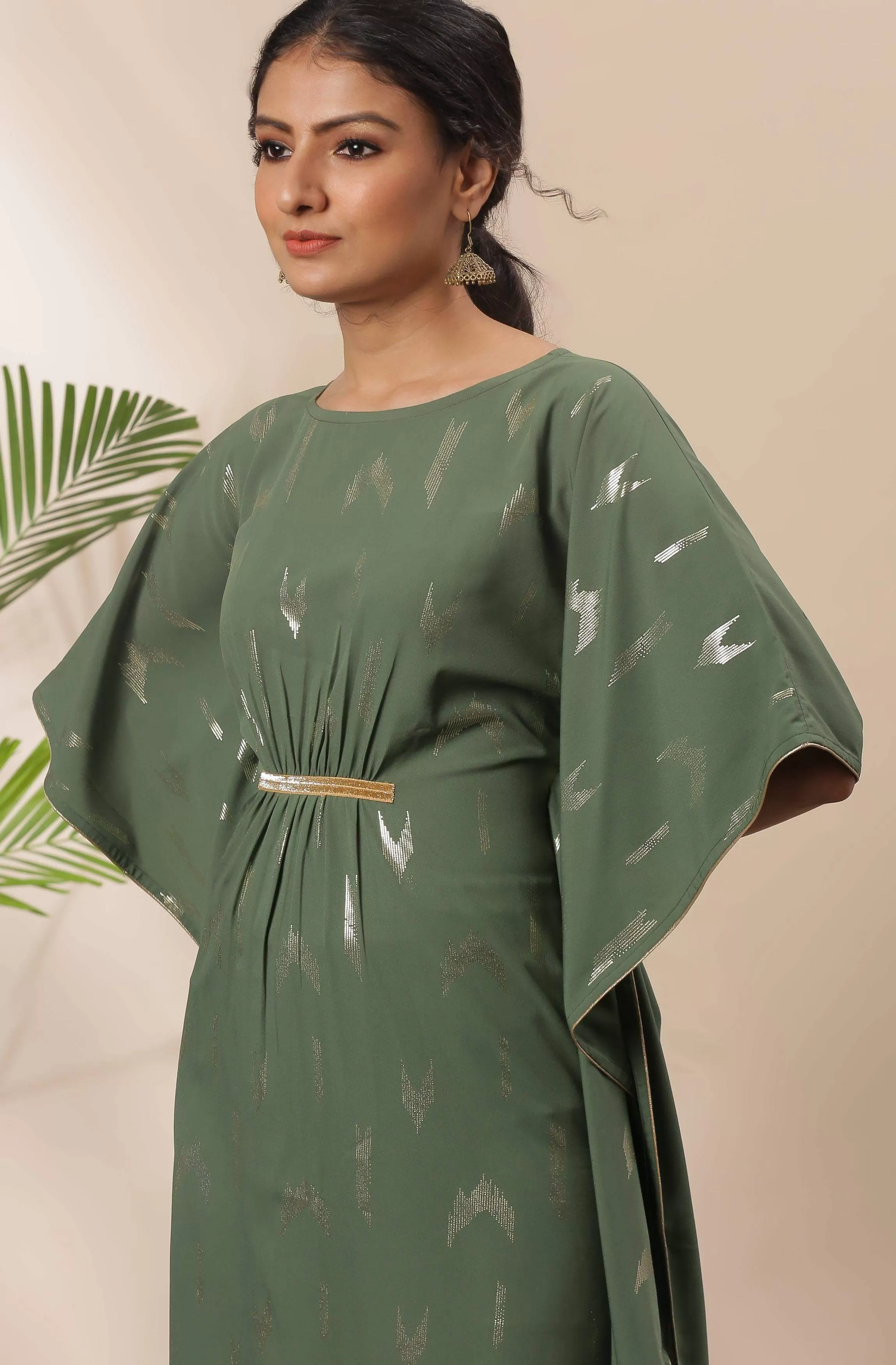 Green Poly Crepe Geometric Print Kaftan Kurta