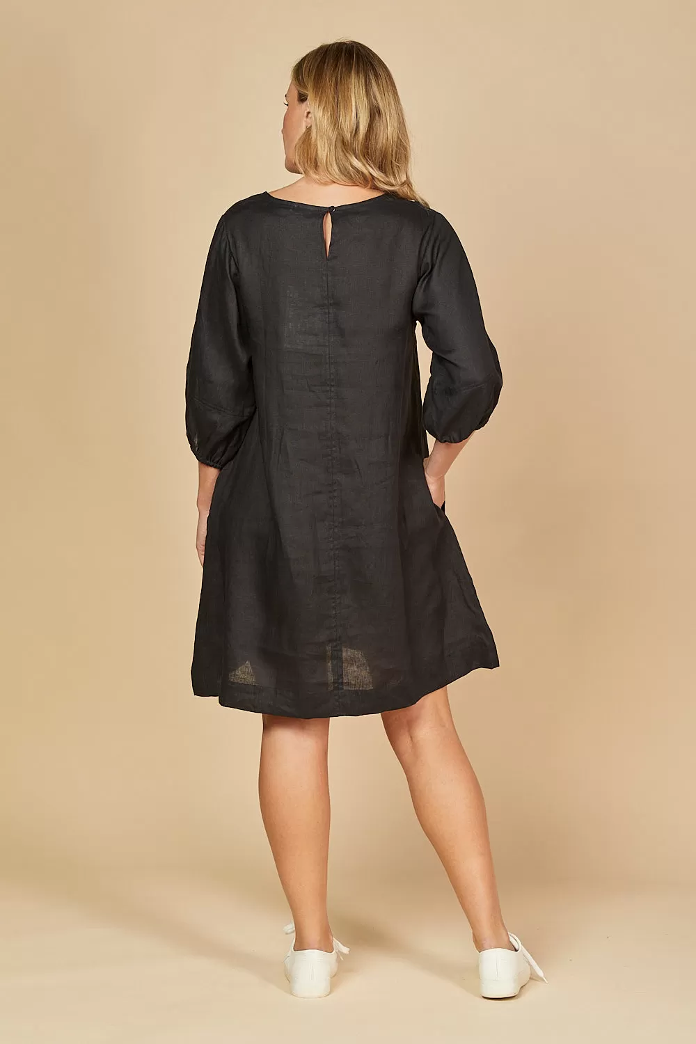 Hazel Short Linen Shift Dress in Black