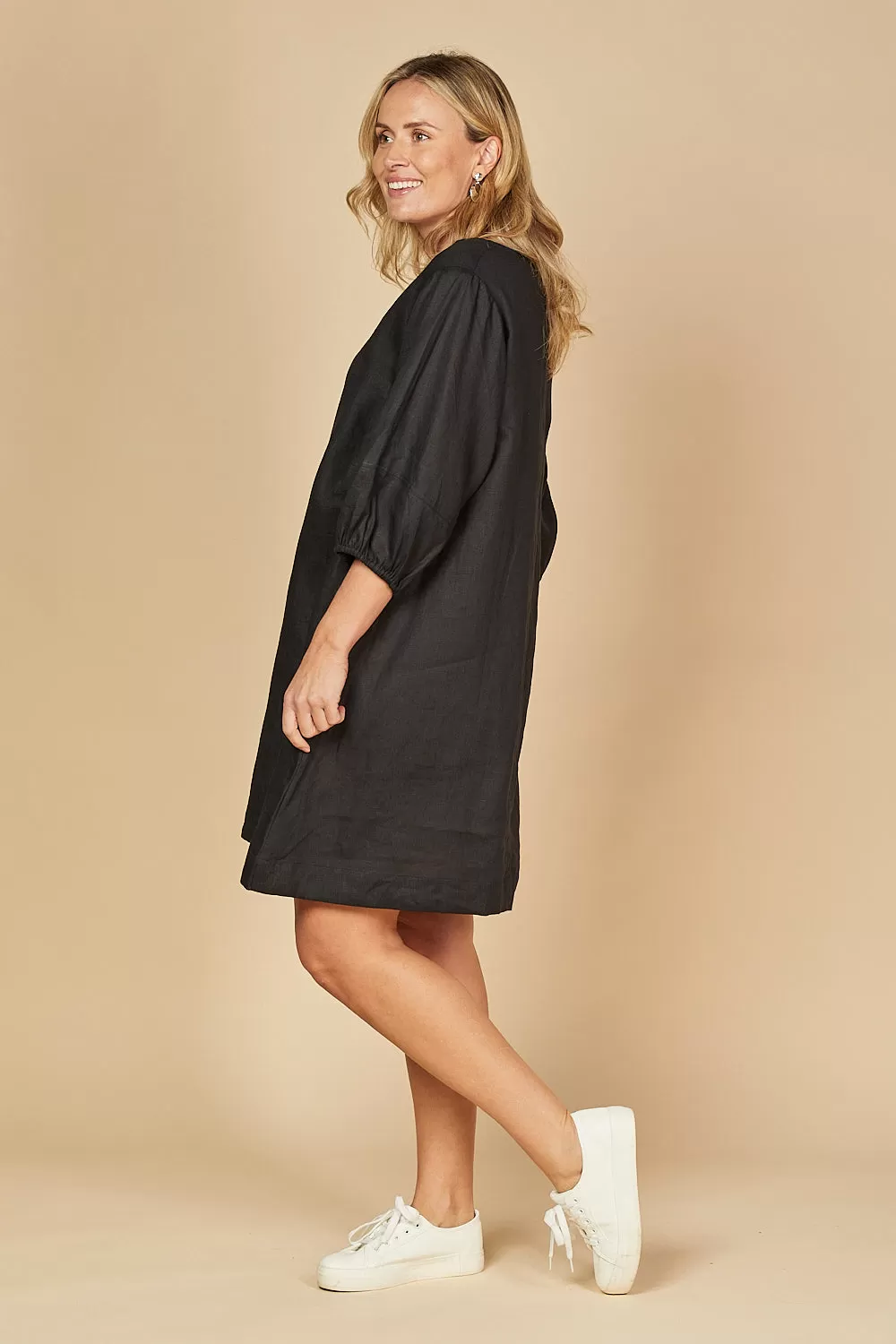 Hazel Short Linen Shift Dress in Black