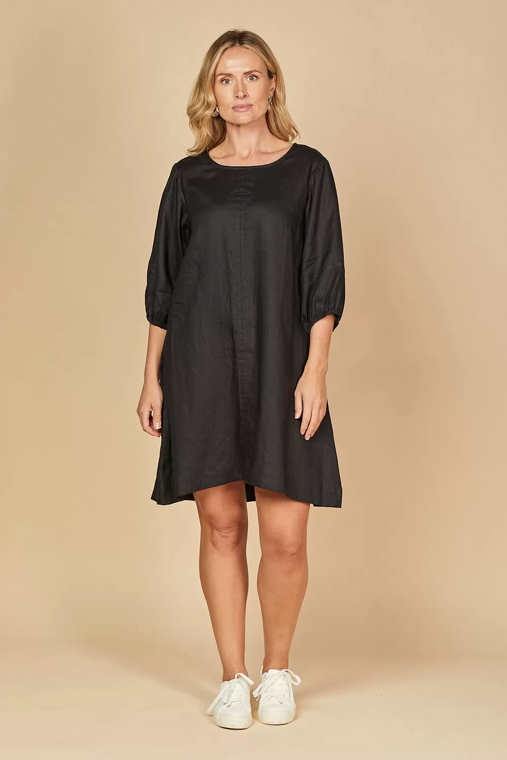 Hazel Short Linen Shift Dress in Black