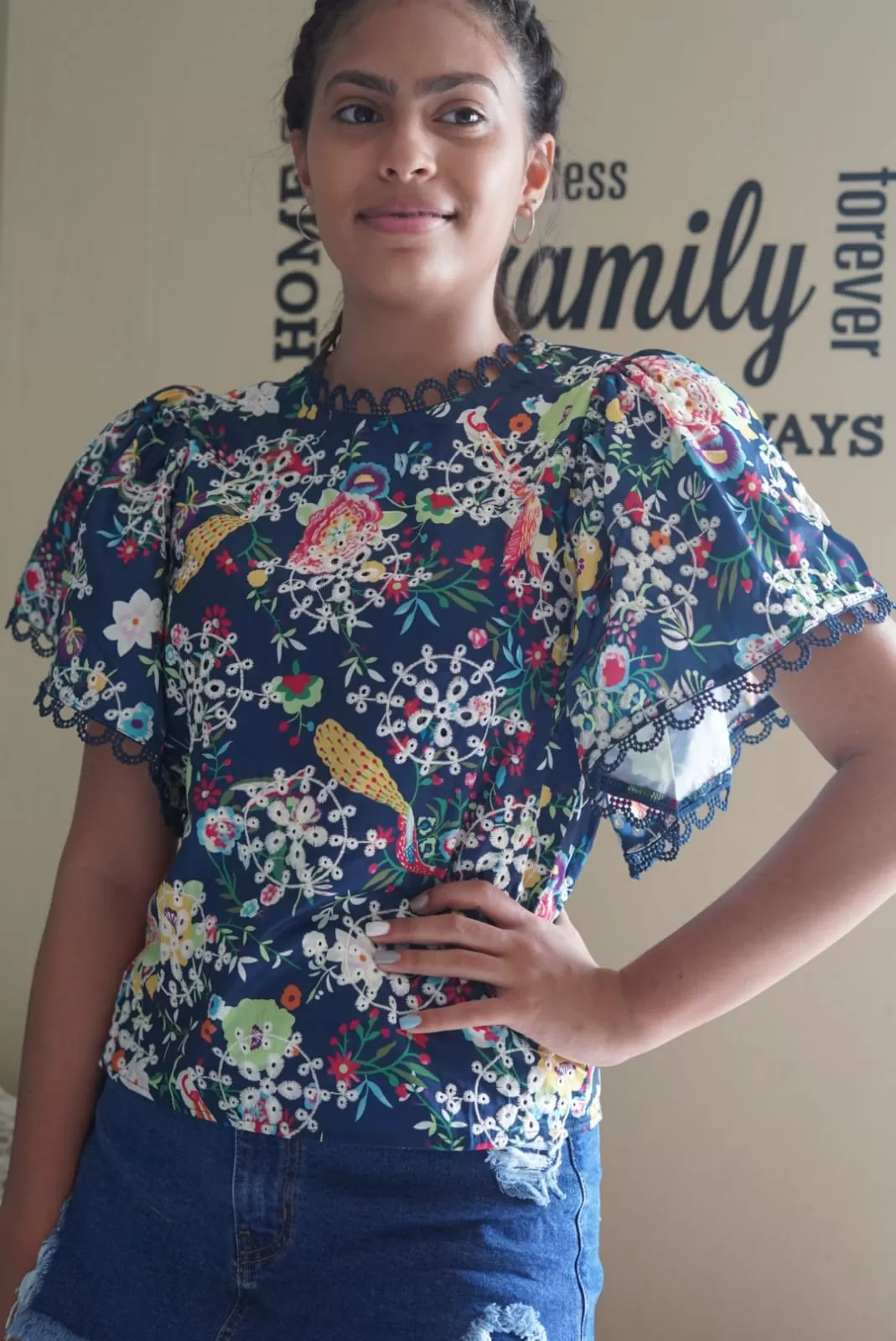 JJ1396 Navy multi flower top