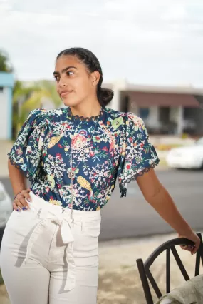 JJ1396 Navy multi flower top