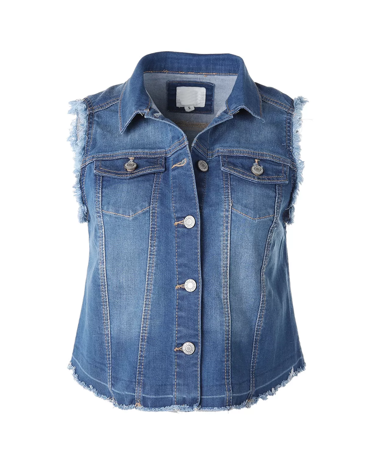 Junior Fit Distressed Denim Vest Button Up Slim Jacket