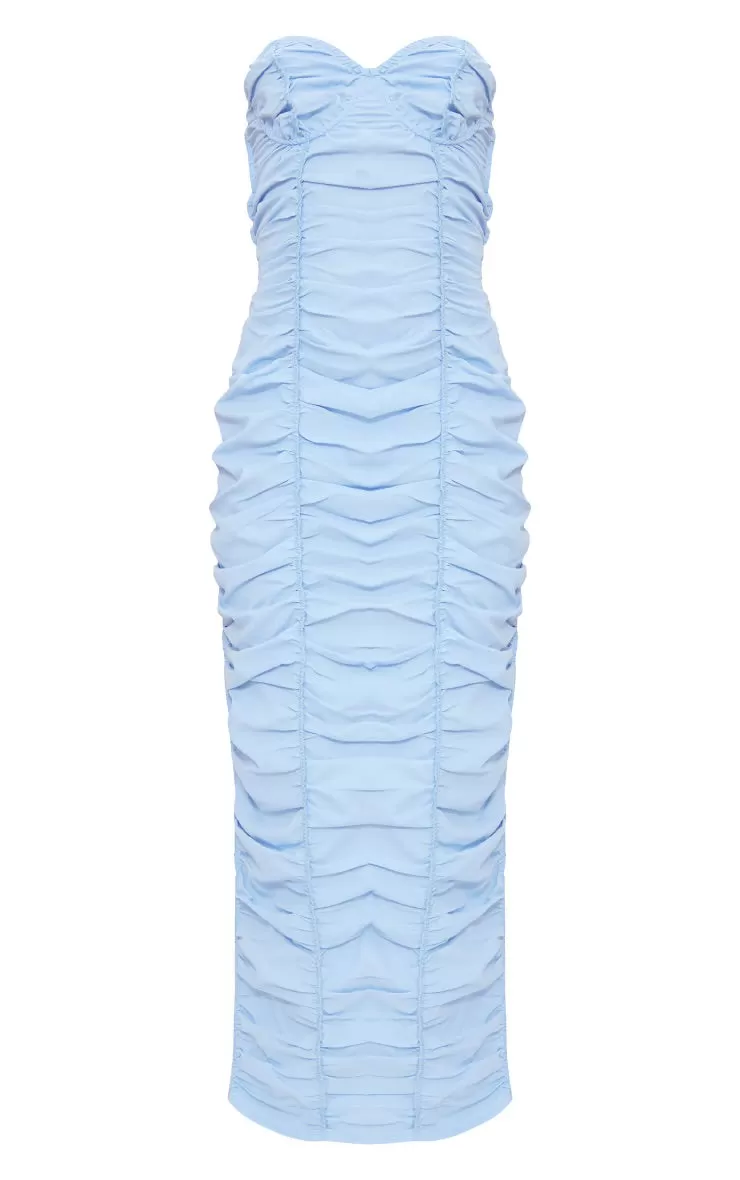 Light blue ruched underwired strappy back midaxi dress