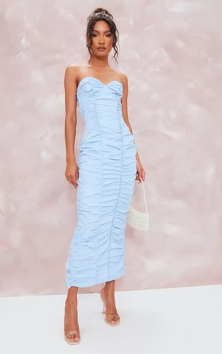 Light blue ruched underwired strappy back midaxi dress