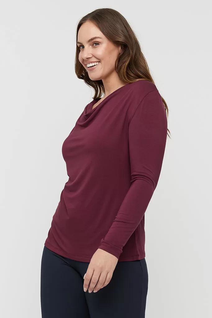 Long Sleeve Cowl Neck Top - Burgundy