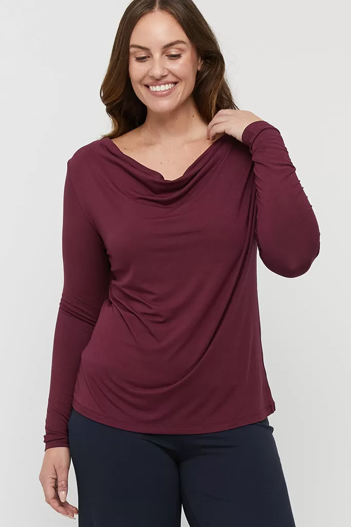 Long Sleeve Cowl Neck Top - Burgundy