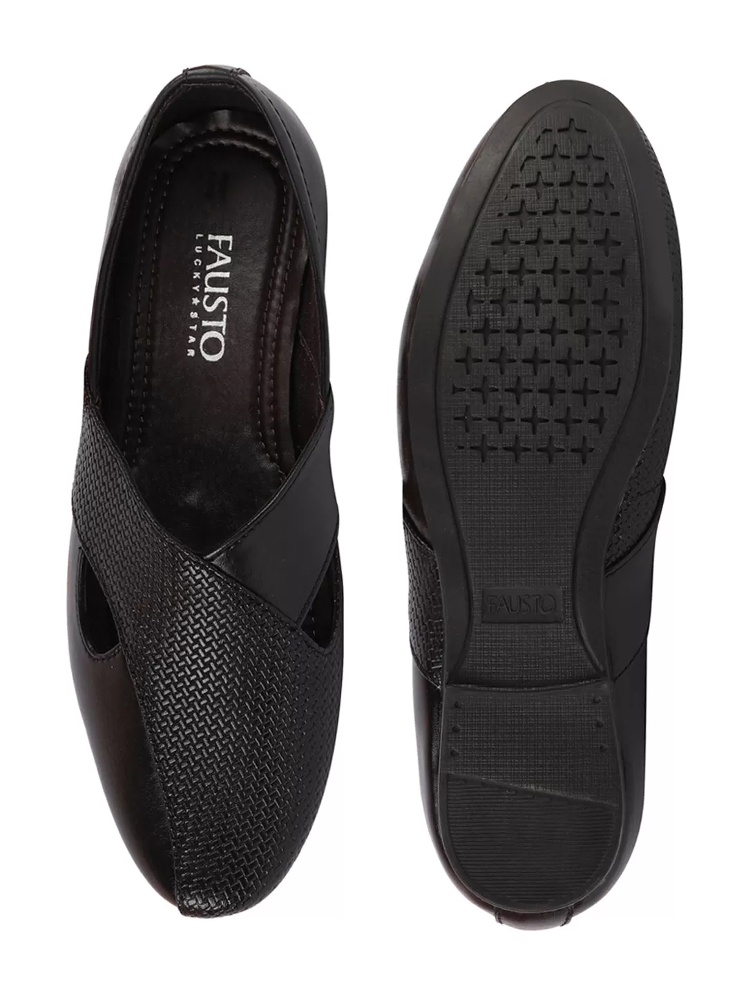 Men Black Embossed Design Ethnic Party Slip On Juttis and Mojaris