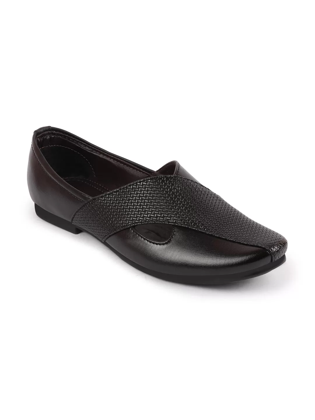 Men Black Embossed Design Ethnic Party Slip On Juttis and Mojaris