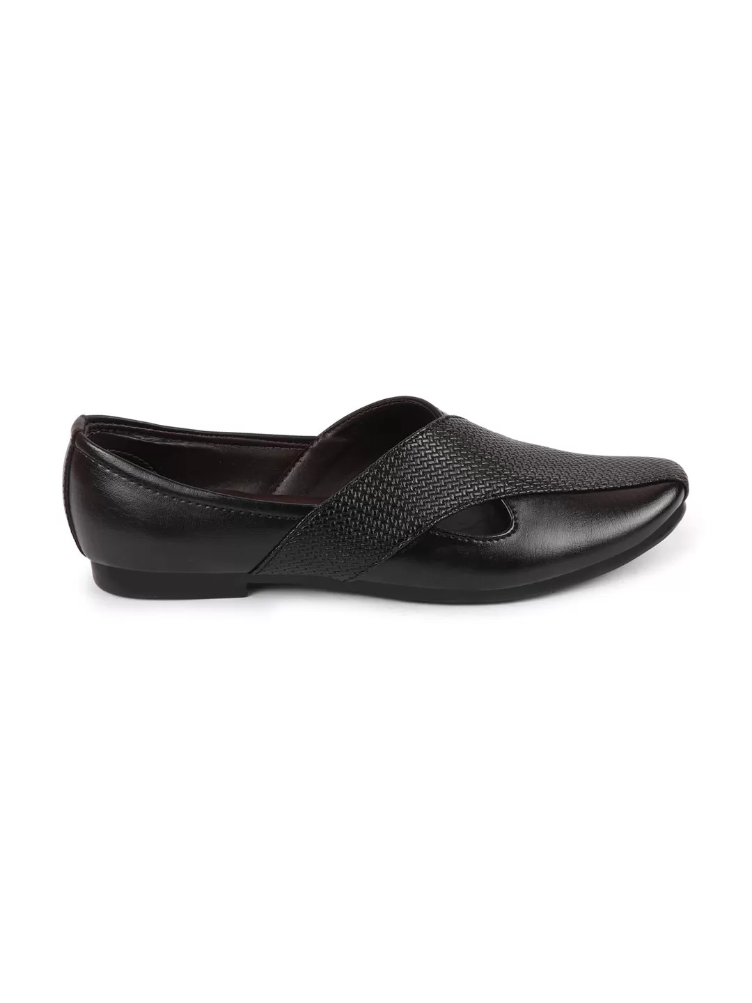 Men Black Embossed Design Ethnic Party Slip On Juttis and Mojaris