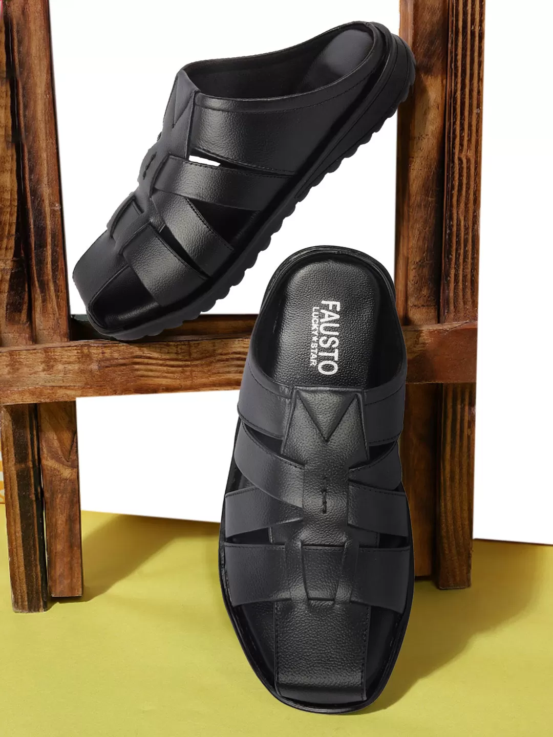 Men Black Genuine Leather Criss Cross Strap Back Open Slip On Closed Toe Dress Sandals