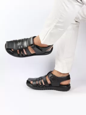 Men Black Genuine Leather Multi Strap Hook and Loop Closed Toe Fisherman Roman Sandals