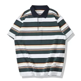 Men's Casual Retro Lapel Thick Striped Short Sleeve POLO Shirt