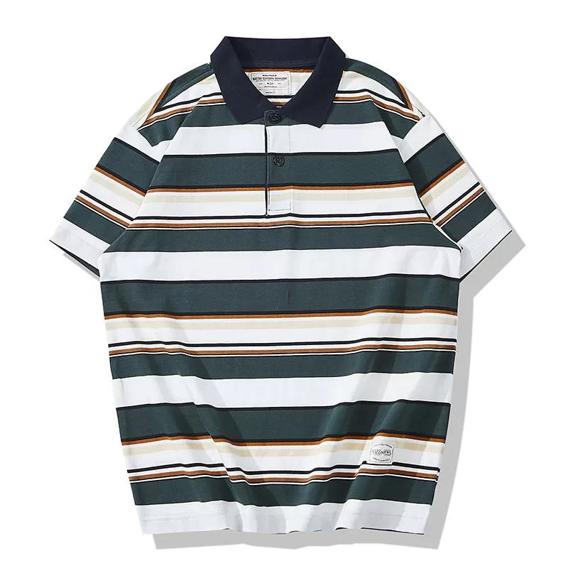 Men's Casual Retro Lapel Thick Striped Short Sleeve POLO Shirt