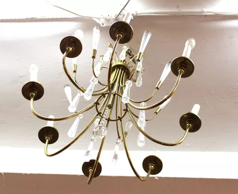 Mid-Century Modern European Brass Chandelier with Crystal Pendants