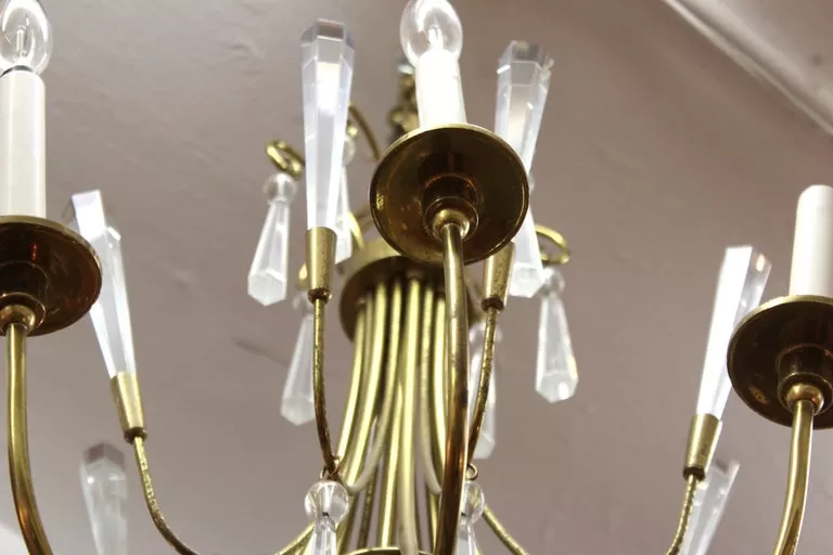 Mid-Century Modern European Brass Chandelier with Crystal Pendants