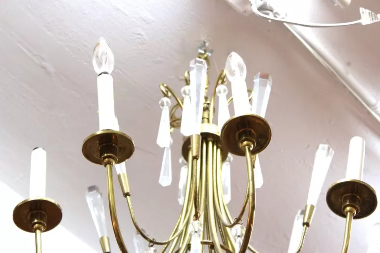 Mid-Century Modern European Brass Chandelier with Crystal Pendants