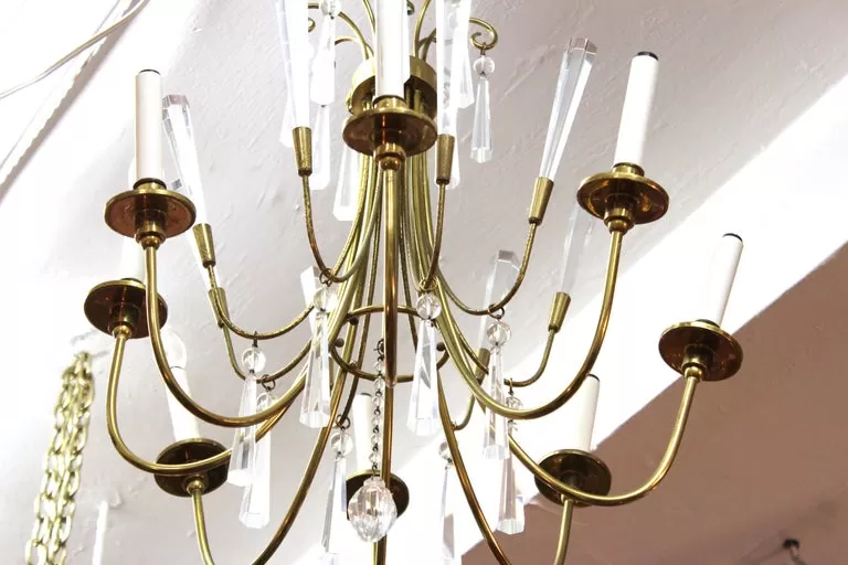 Mid-Century Modern European Brass Chandelier with Crystal Pendants