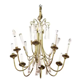 Mid-Century Modern European Brass Chandelier with Crystal Pendants