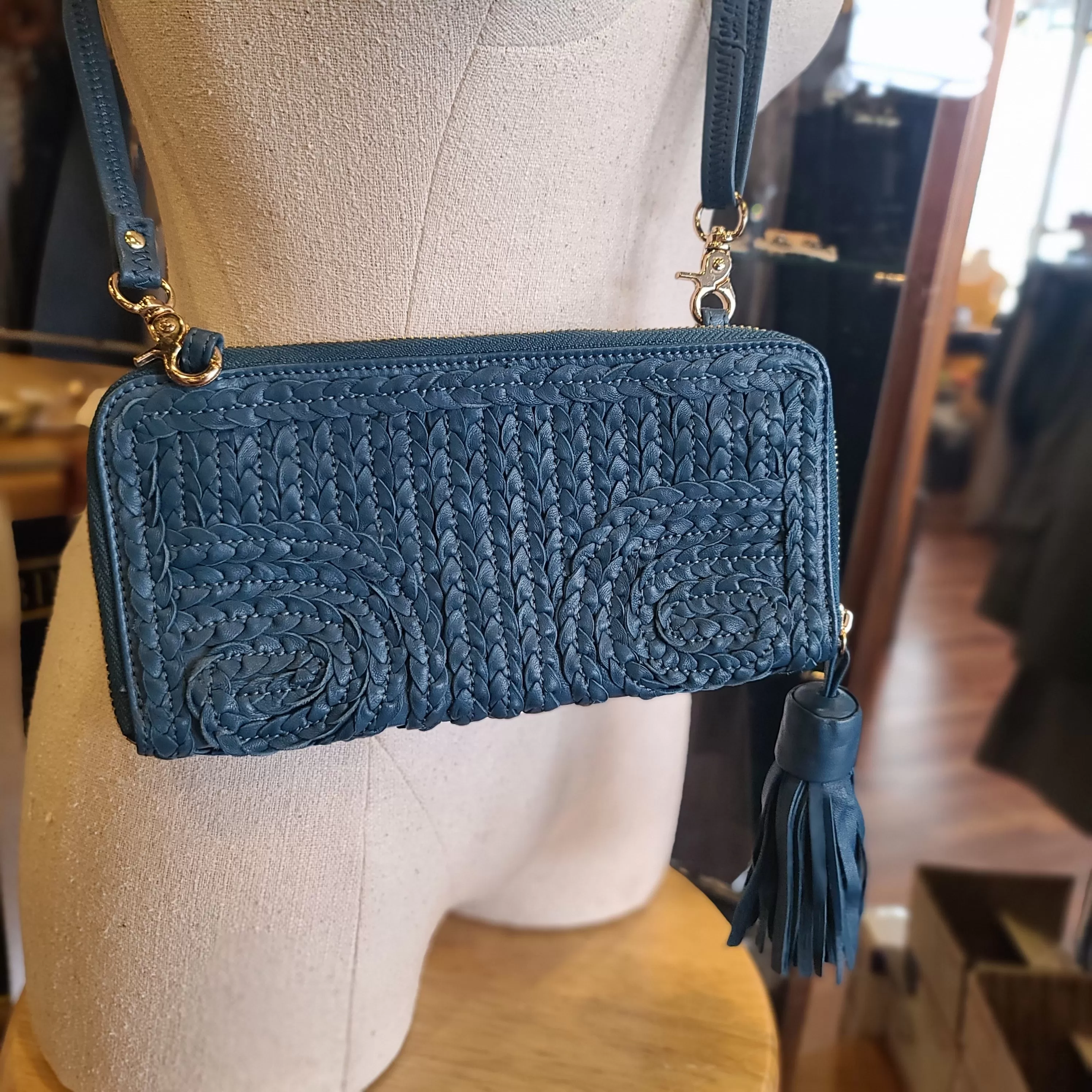 MONSERAT DE LUCCA Blue Braided Leather Wallet Bag