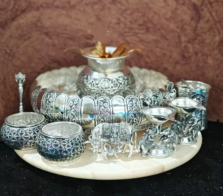 Narayani , Antique Finish German Silver Puja Set-CS001GSP