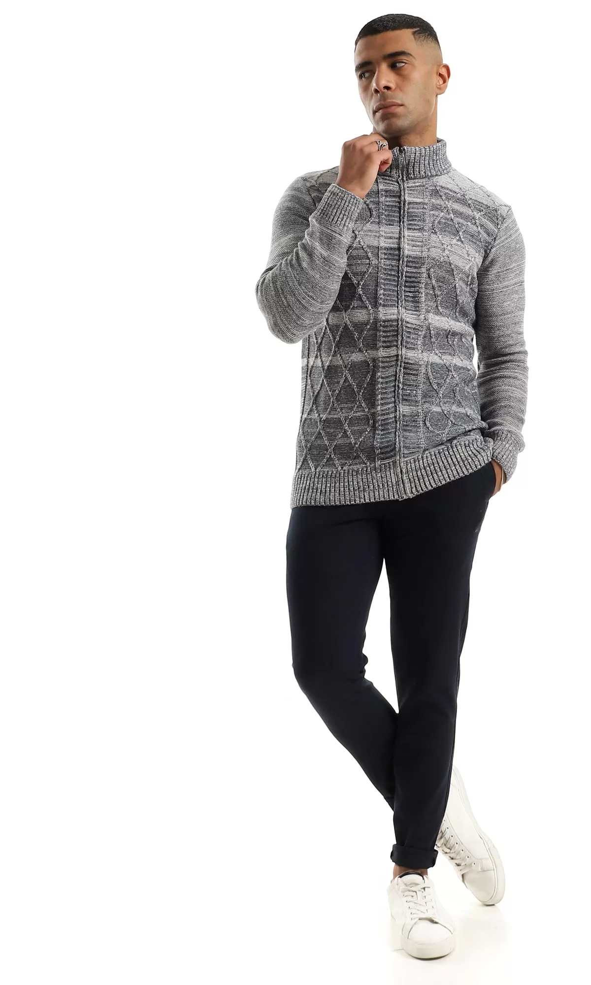 O158765 Casual Zip Through Neck Heather Grey & Petroleum Sweater