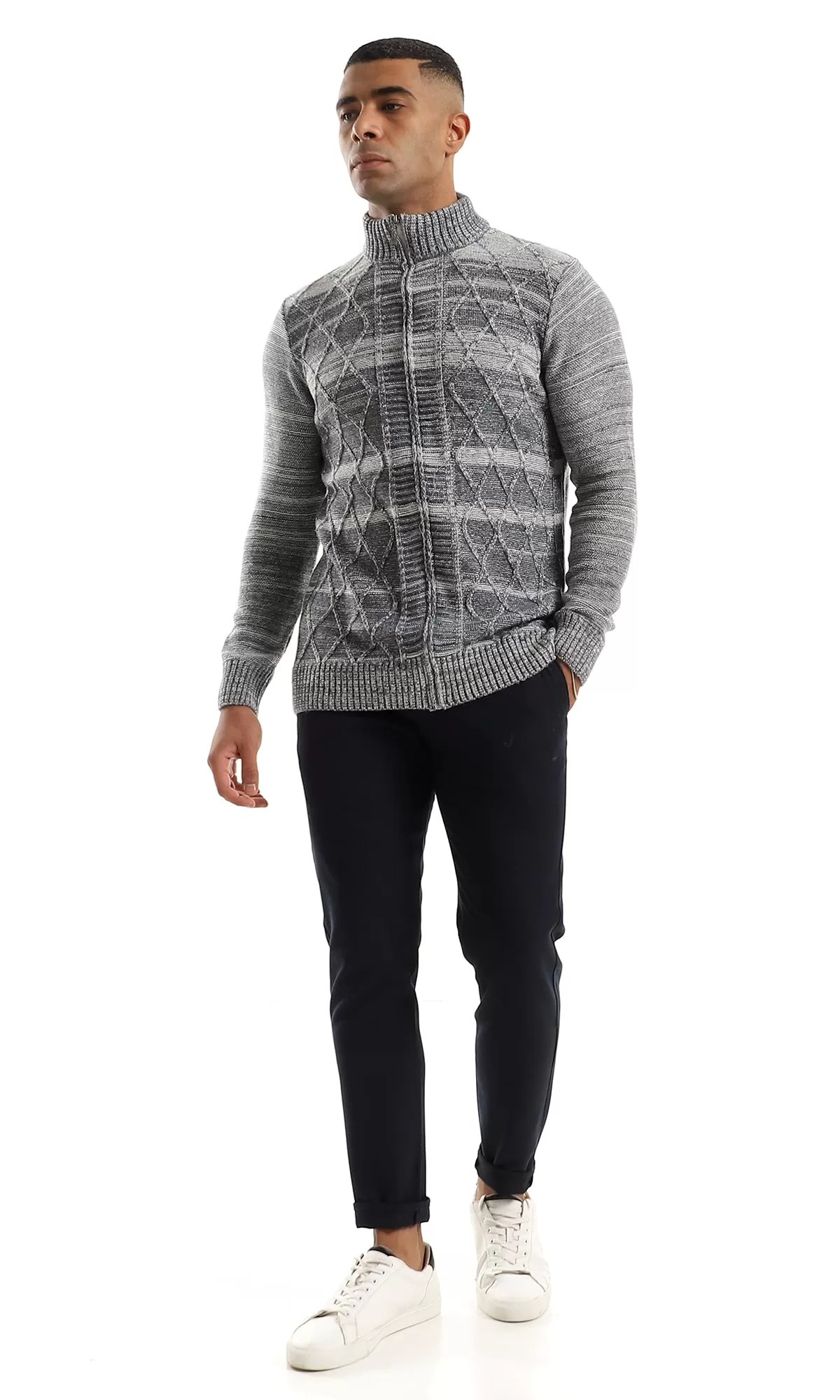 O158765 Casual Zip Through Neck Heather Grey & Petroleum Sweater