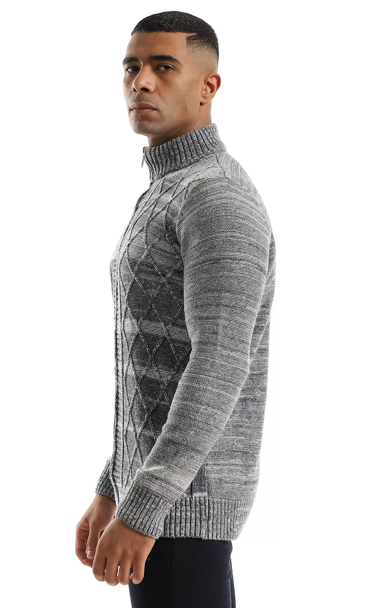 O158765 Casual Zip Through Neck Heather Grey & Petroleum Sweater