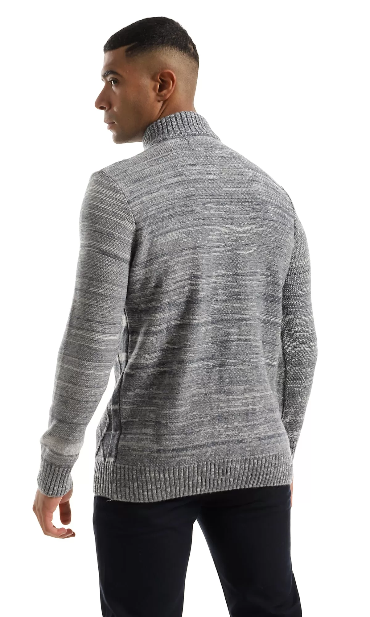 O158765 Casual Zip Through Neck Heather Grey & Petroleum Sweater