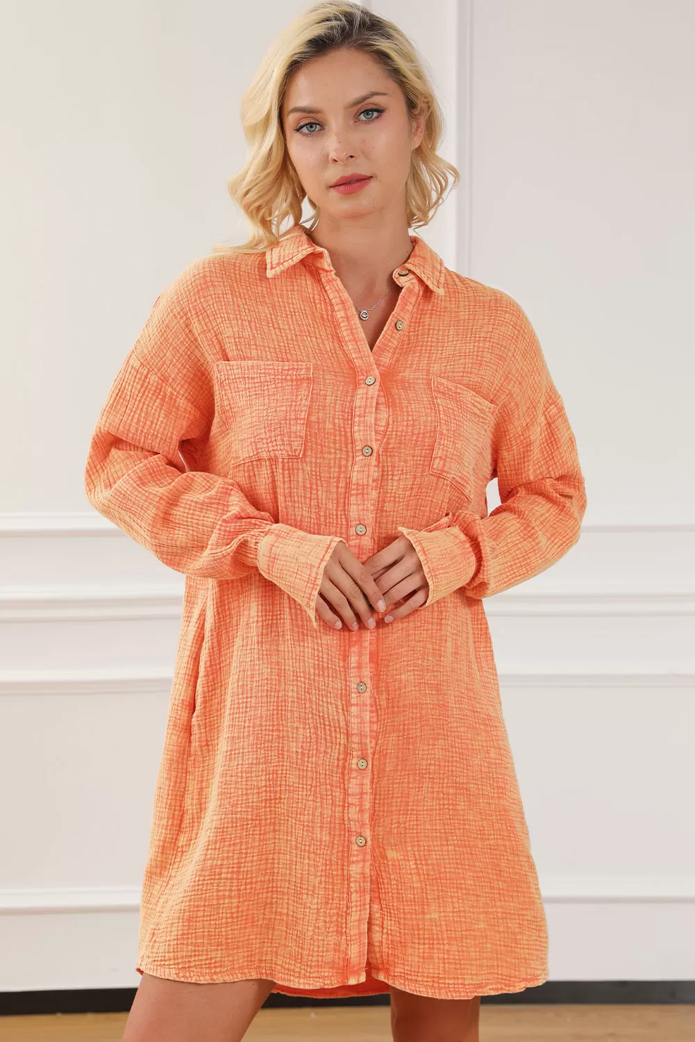 Orange Crinkled Dual Chest Pocket Oversized Shirt Dress