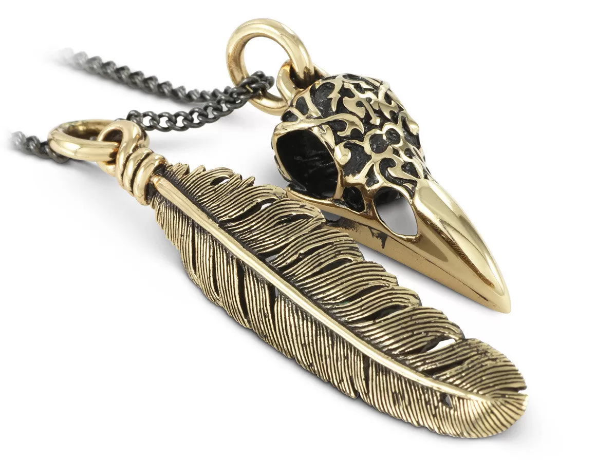 Ornate Raven Skull & Feather Necklace - Bronze