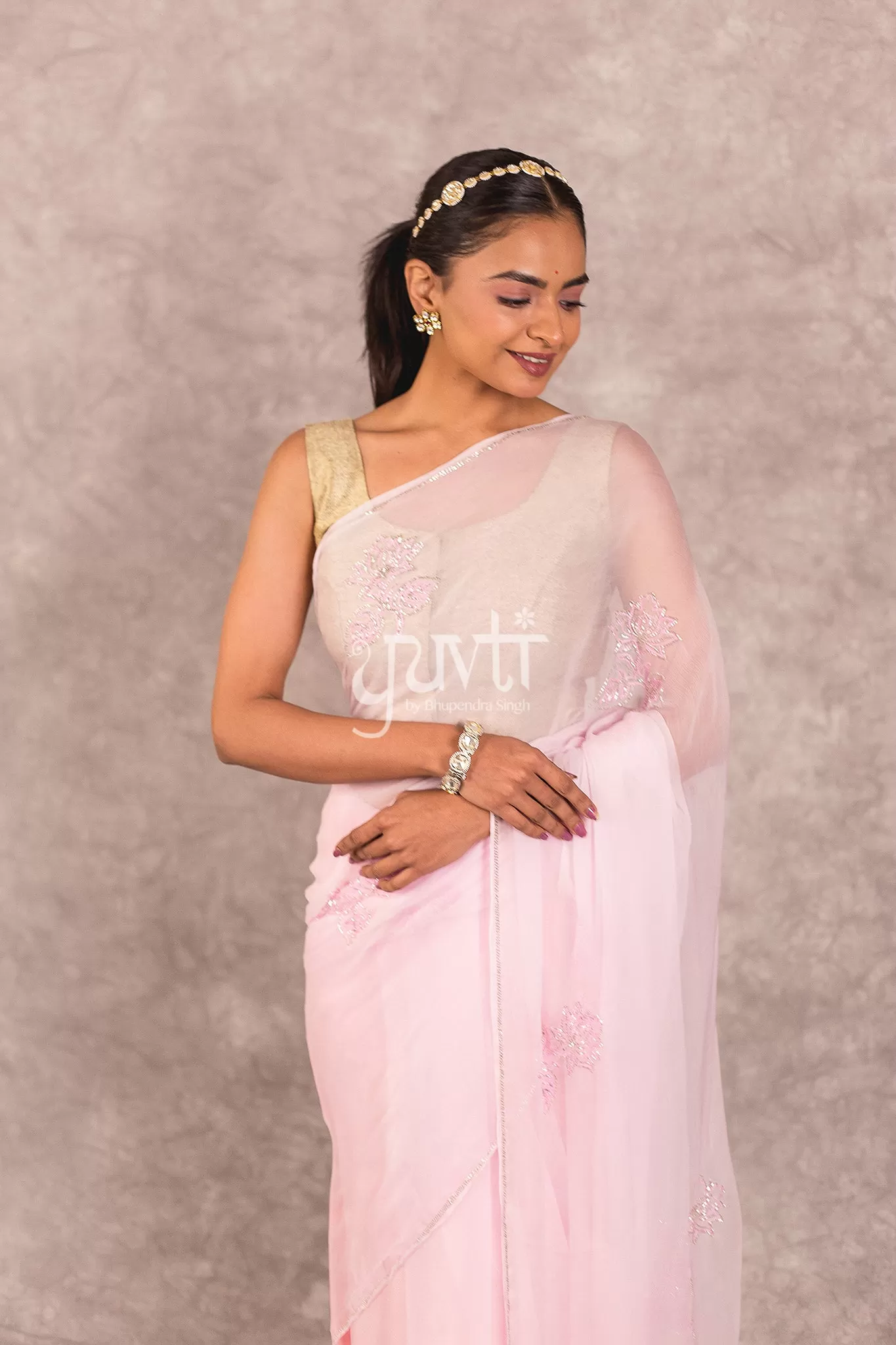 Pink Viscose Chiffon Kardhana work Saree