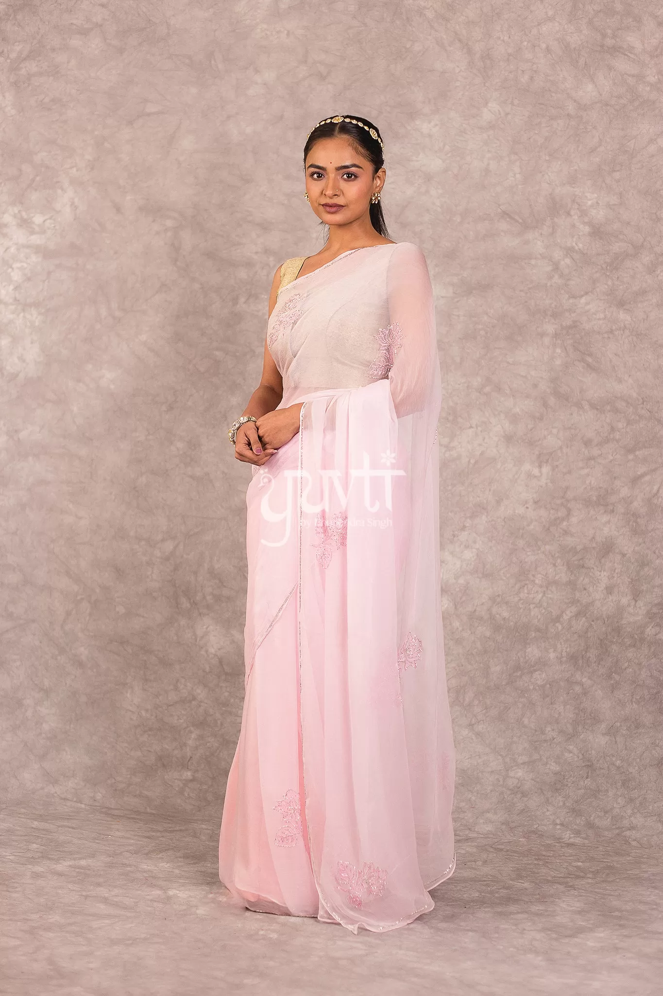 Pink Viscose Chiffon Kardhana work Saree