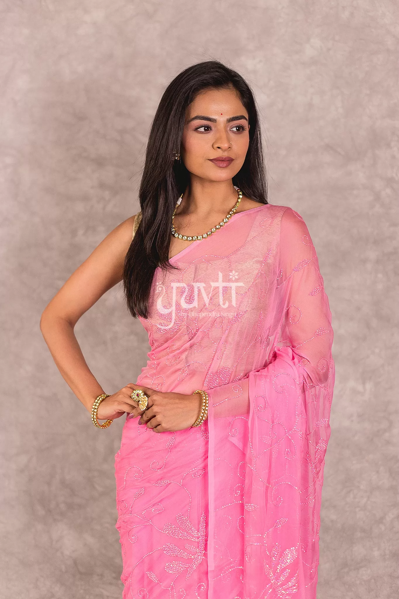 Pink Viscose Chiffon Resham Sequins work Saree