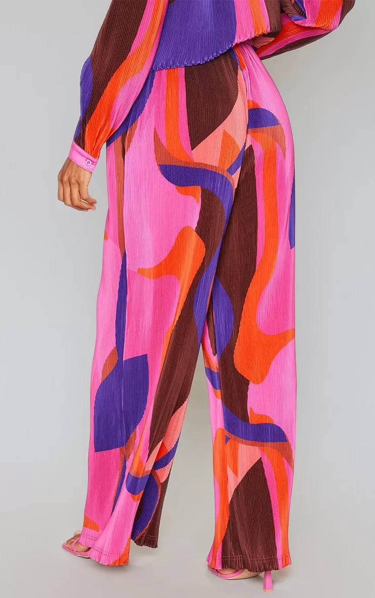 Print plisse high waisted wide leg trousers in pink