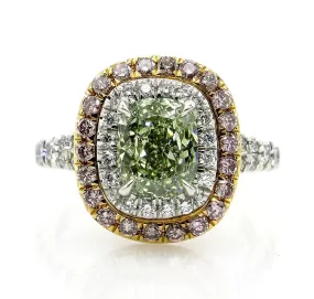 Rare GIA 2.55ctw Fancy INTENSE GREEN Cushion Cut Diamond Engagement Platinum Ring