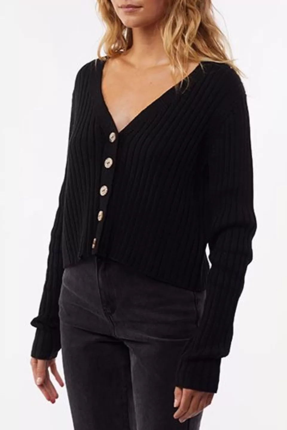 Ribbed Crop Black Button Cardi