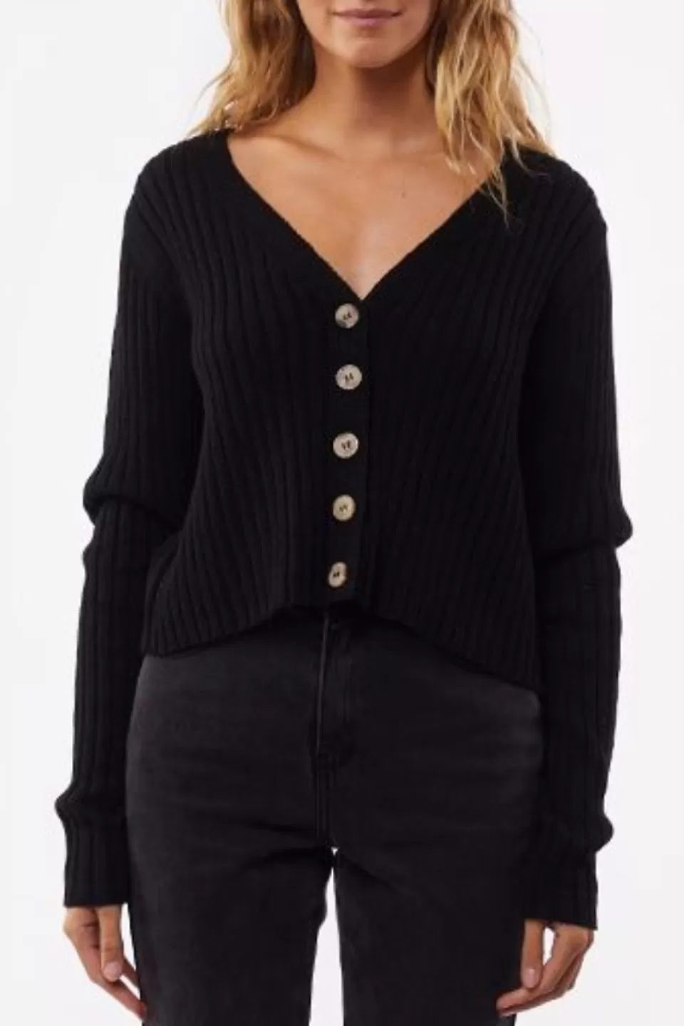 Ribbed Crop Black Button Cardi