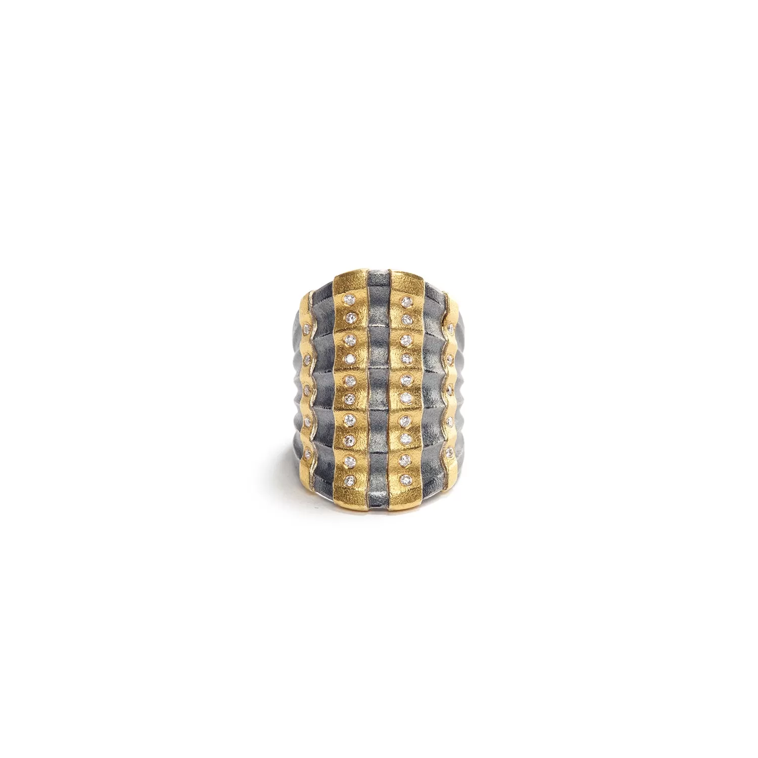 Rippled Oxidized Silver Ring with Diamonds