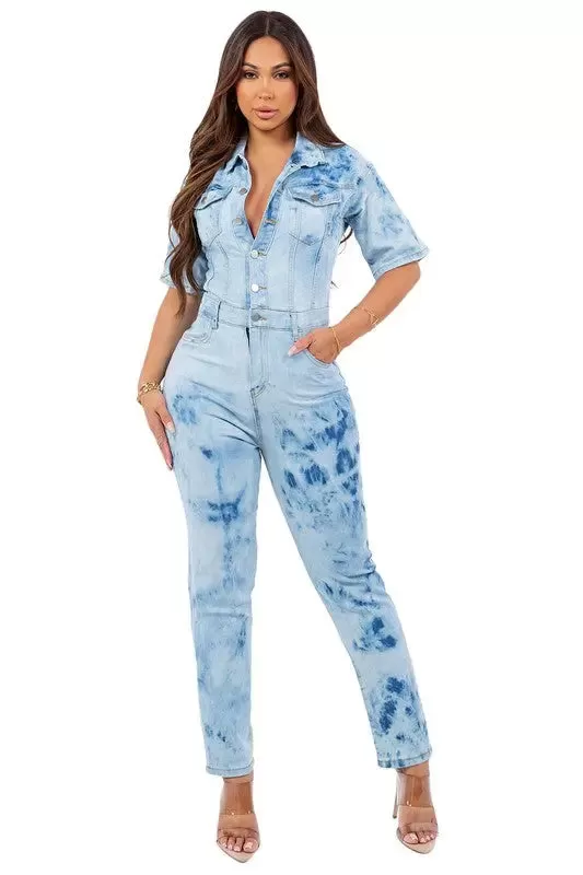 Short Sleeve Denim Jumpsuit Tie-dye ( Available in Plus )